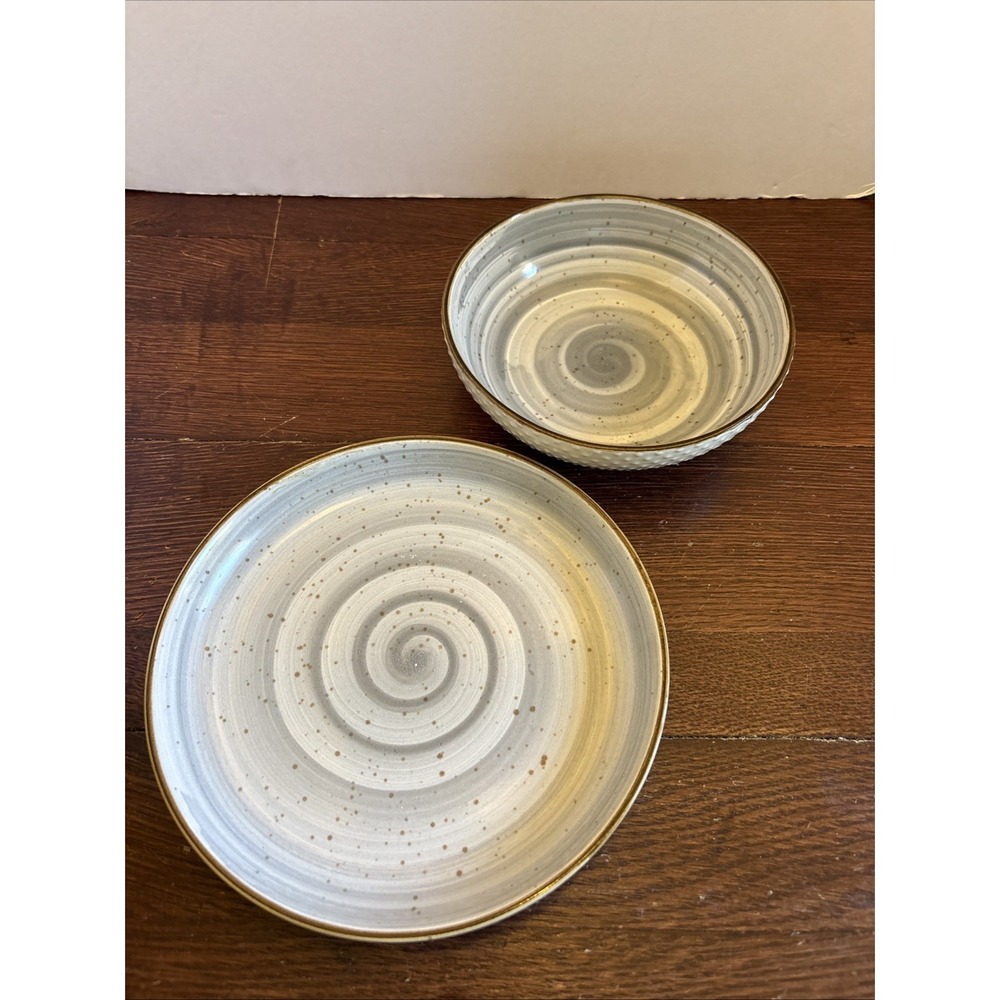 Elama Mellow 6 7/8" Stoneware Bowl And 8 1/2" Plate Cream Blue Swirl Specked